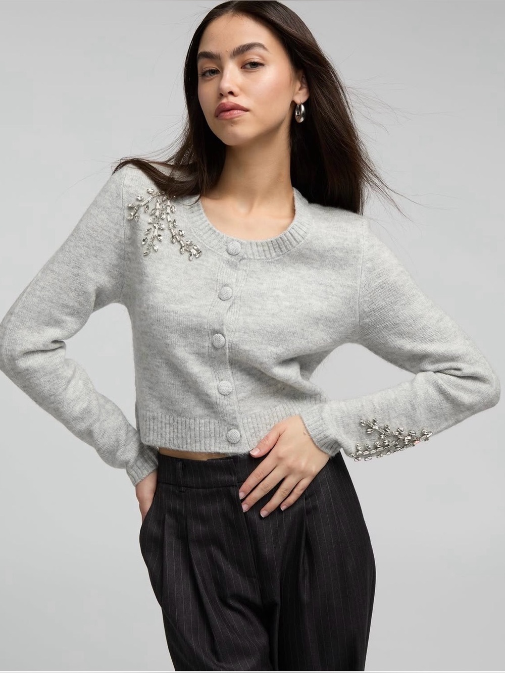 NVLT Women’s Embellished Gray Cropped Crew Neck Button Cardigan Sweater Size Lg